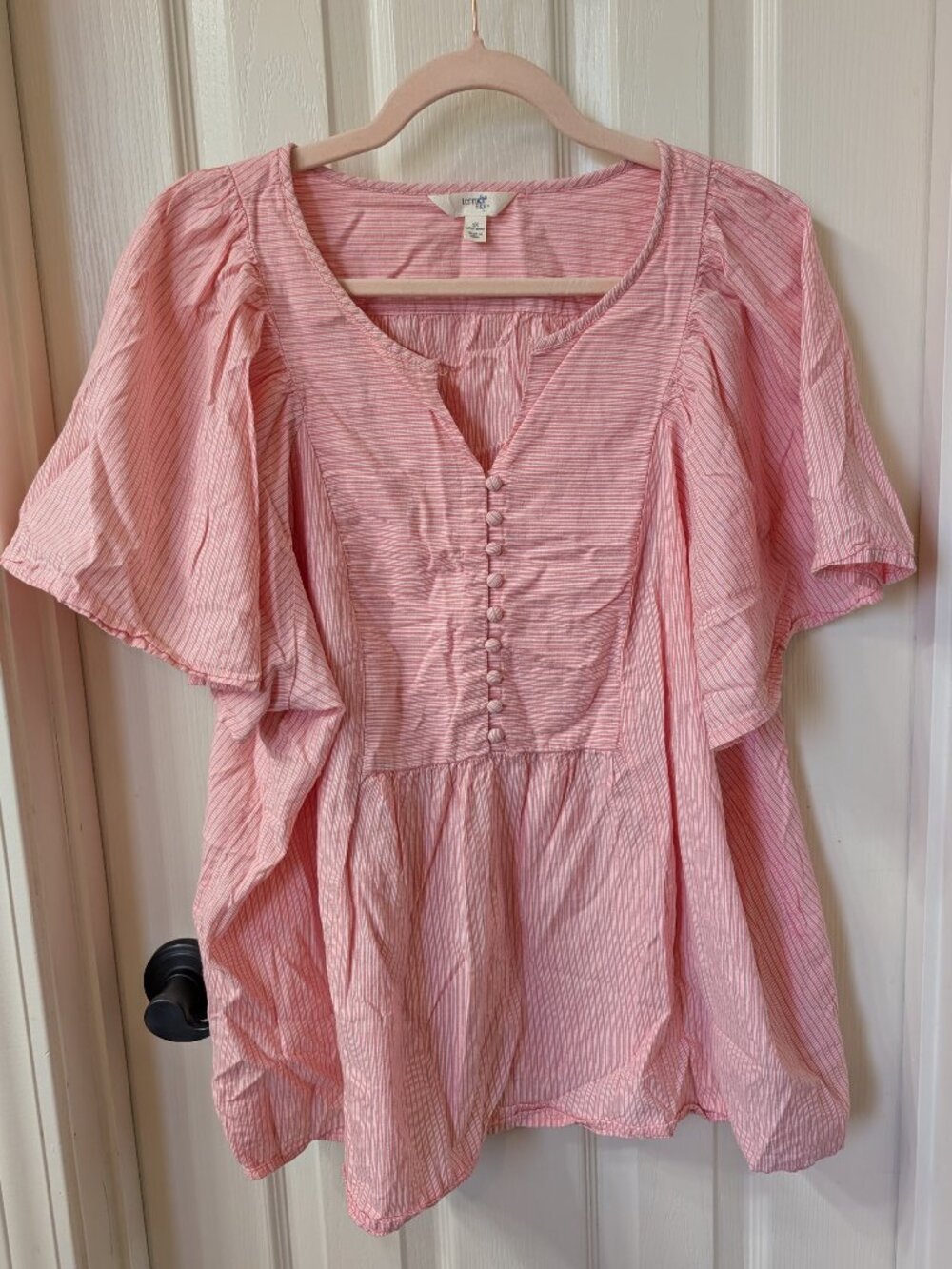 Pink Striped Cottagecore Button Front Babydoll Top Terra & Sky Size 1X